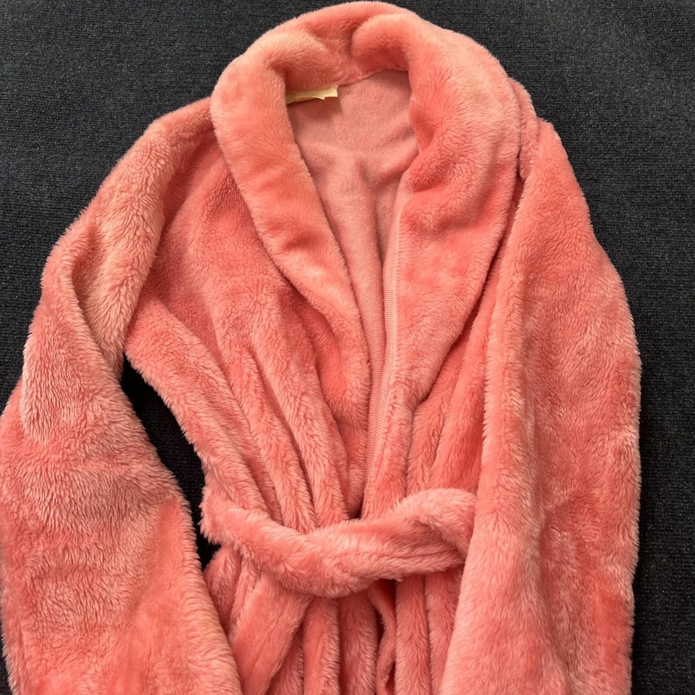 Vintage Fleece Robe Womens Medium Pink Plush Belted Shawl Collar Long Made USA